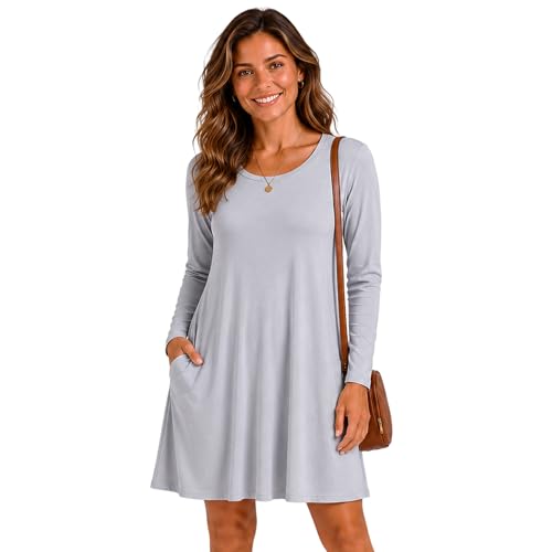 Image of Miss Lavish London Women's Long Sleeve Swing Dress with Pockets Relaxed Fit Soft Casual Dress