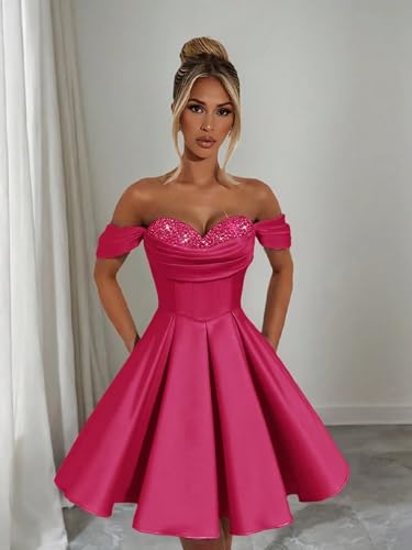 Bekvamlighet Teens Short Homecoming Dresses Satin Off The Shoulder Wedding Dress Beaded Graduation Party Gown4