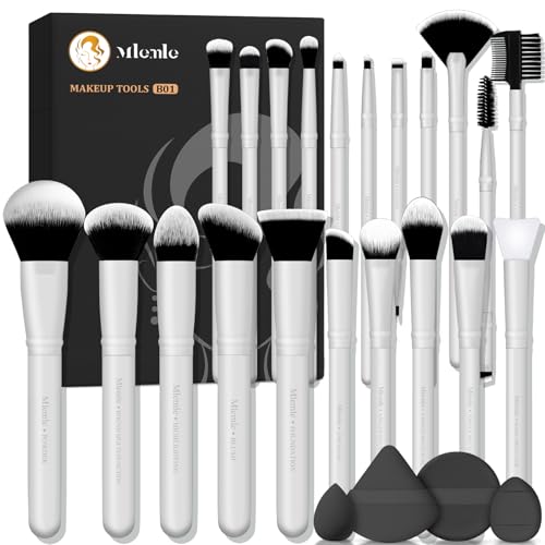 Image of Makeup Brushes Set, Mlemle Professional 25 Pcs Makeup Kit, Include Foundation Powder Blush Concealers Eye shadows 21 Pcs Makeup Brushes and 2 Powder Puff, 2 Makeup Sponge(B01-white)