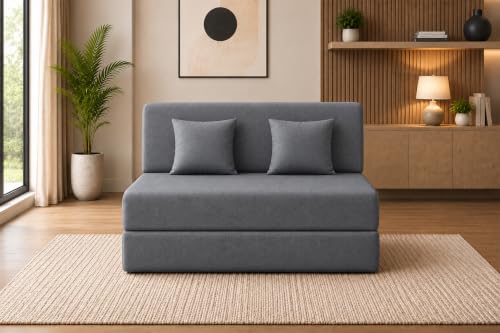 Image of Sofa Cum Bed with Jute Fabric, Convertible Two Seater Sofa Bed 4x6 Ft, Comfortable Cushioned Seating, Space Saving Design for Living Room, Bedroom & Guest Room - Grey Color