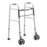 Dr. Aid Premium Folding Walker with Wheels, 5' Auto Brake Double Front Wheel Walker, Lightweight Walkers for Seniors, Durable Aluminum Frame, Adjustable Height, Supports Up to 400lbs, Aluminum Gray