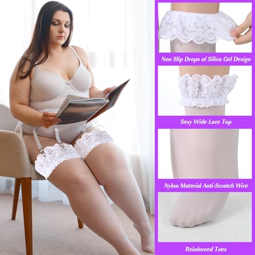 Plus Size Thigh High Stockings, Semi Sheer Thigh Highs with Black Lace Women, Sexy Lingerie Stocking Pantyhose(3XL)4