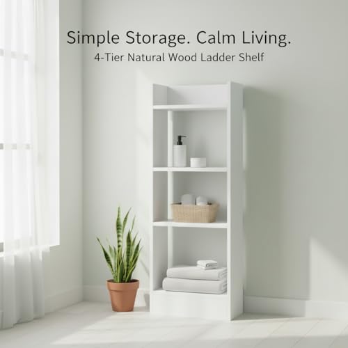 Image of FURLAY Modern Minimalist Wood Ladder Shelf - 4-Tier Open Storage Unit, Space-Saving Organizer for Bathroom, Kitchen, and Living Room (White)
