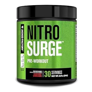 Jacked Factory NITROSURGE Pre Workout Supplement – Endless Energy, Instant Strength Gains, Clear Focus, Intense Pumps – NO Booster & Preworkout Powder with Beta Alanine – 30 Servings, Cherry Limeade