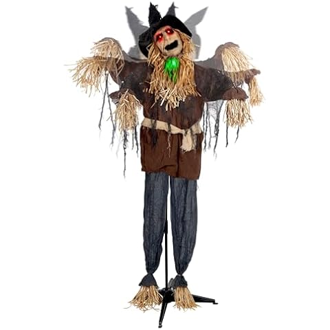 ATDAWN 6FT Halloween Standing Scarecrow, Life-Size Animated Ghost Decor with Light-up Eyes, Spooky Sound, Moving Arms & Head, Sound Activated Haunted House Props for Halloween Party Decorations Cover
