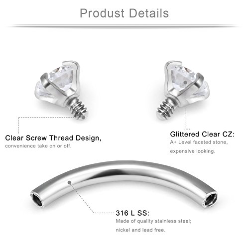 Ruifan 3 Pairs 16G Clear Cz Ball Curved Barbell Eyebrow Belly Lip Tragus Ring Piercing Jewelry 1/4"(6Mm) - Silver #TOP2