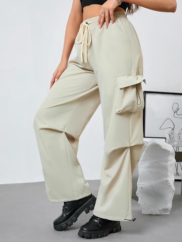 OYOANGLE Women's Drawstring Elastic High Waisted Wide Leg Cargo Pants Ruched Baggy Parachute Pants with Pocket3