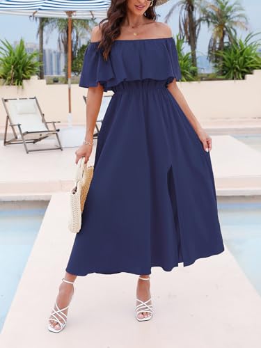 Image of CUPSHE Women Ruffle Floral Maxi Summer Dress Off Shoulder Short Sleeve Backless Flounce Bodice Slit Hem Beach Dresses