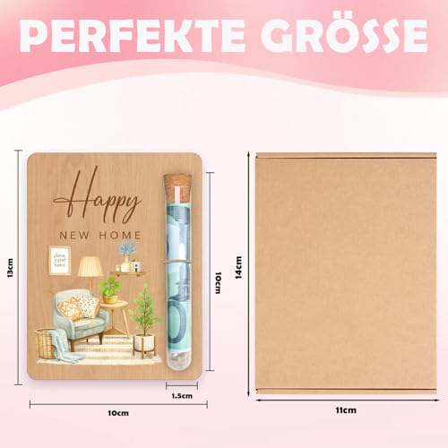 Einzugsgeschenke Haus Geldgeschenk aus Holz Happy New Home – Geschenk zum Einzug Wohnung, 10 x 13cm Einweihungsgeschenk Haus mit Reagenzglas, Einzugsgeschenk für Neue Wohnung und Neues Zuhause