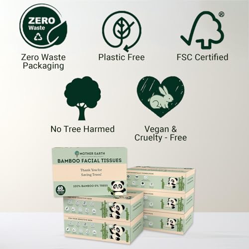 Image of MOTHER EARTH Bamboo Facial Tissue Paper - 4 Ply Tissue Flat Box, Lint-Free, Hypoallergenic, Septic-Safe, Unscented, 60 Sheets per Box, 6 Pack, Total 360 Tissues