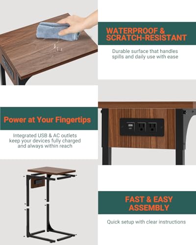 Image of C-Shaped Side Table for Couch - Small Coffee Stand Sofa Tray Desk with Metal Frame Waterproof Scratch Resistant Wood Top and Built-in Charging Station, Rustic Walnut