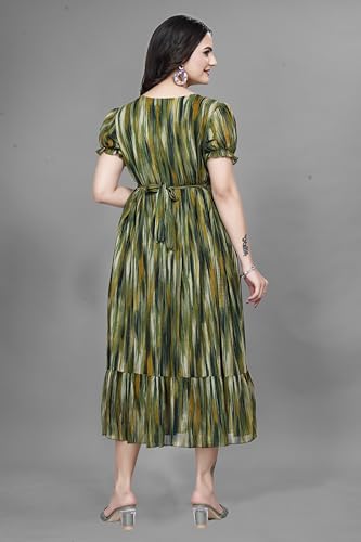 Image of Women Gown with Abstract Print | Georgette One Piece Dress with Puff Sleeves | Round Neck Tiered Midi Frock for Women | Ladies Western Maxi Dress