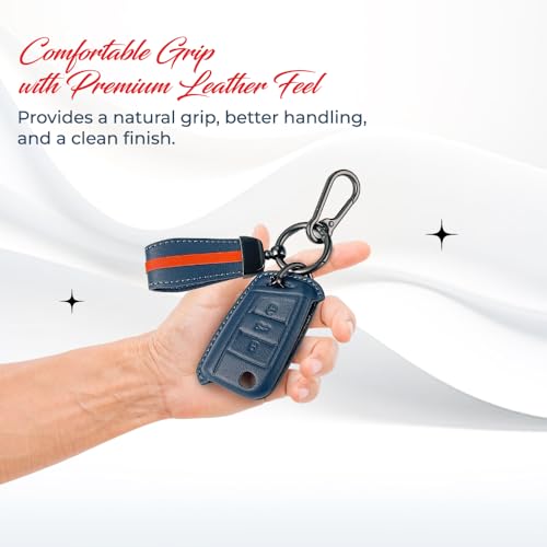 Image of Keyzone Royal Leather Key Cover for Virtus, Kylaq, Slavia, Kodiaq, Kushaq, Taigun, Tiguan, Octavia, Jetta, Superb, Karoq, T-ROC flip Key (Celestial Blue)