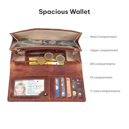 VALENCHI Leather Wallet For Women RFID Blocking Slim Minimalist Ladies Long Clutch Purse Organizer Credit Card Holder Slots with Zipper Pocket (Vintage Cognac)3