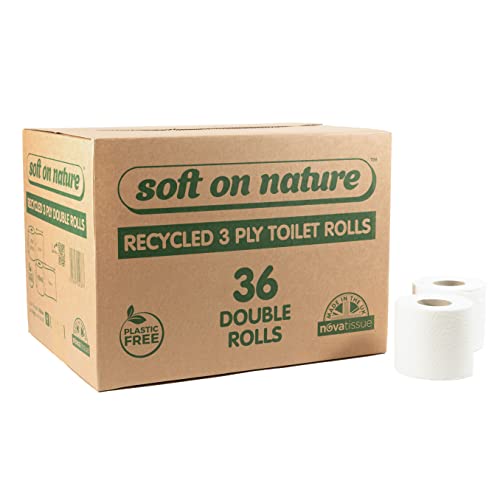 36 Double Rolls | Soft on Nature Eco Toilet Tissue Paper | 3PLY Recycled Sustainable | Plastic Free | UK Made