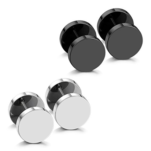 JewelrieShop Black Faux Gauges Plugs Earrings for Men Stainless Steel Dot Disc Studs Circle Flat Back Cheater Tunnel Dumbbell Earrings Women(18 Gauges,2 Pairs,3-14mm,Black and Silver)