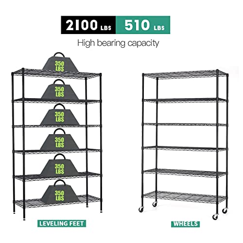 18X48X72 Inch Commercial Wire Shelving Unit With Wheels 6 Tier Heavy Duty Layer Rack Storage Metal Shelf Garage Organizer Wire Rack Shelving Adjustable Utility 2100 Lbs Capacity With Casters,Black #TOP1