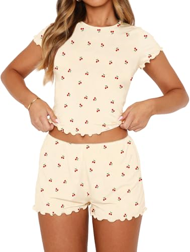 Image of Lacozy Cute Pajamas for Women Set 2 Piece Short Sleeve Pjs Floral Graphic Crop Top Y2K Summer Sleepwear Lounge Set