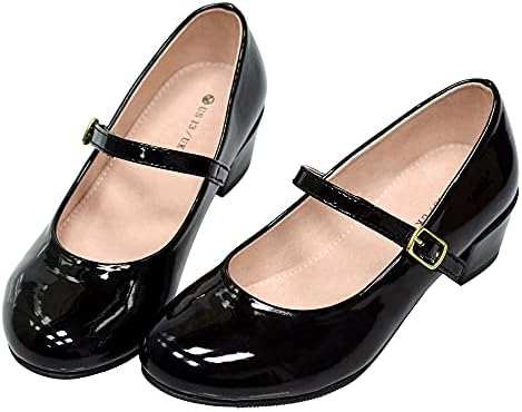 WIKENCY Girls Dress Shoes-Mary Jane Shoes for Girls, Princess Wedding Party Flower Girl School Shoes Low Heel Flats for Little/Big Kids Black 1 US Big Kid