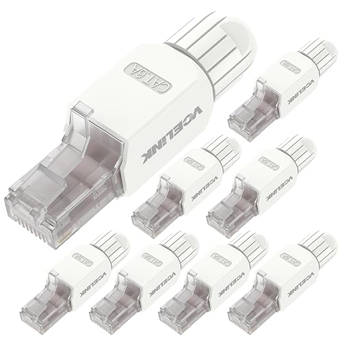 VCELINK Cat6A Tool-Free RJ45 Connector, 10 Gbps/500 MHz, Reusable UTP Gold-Plated Ethernet Plug for 23-26 AWG Network Cable