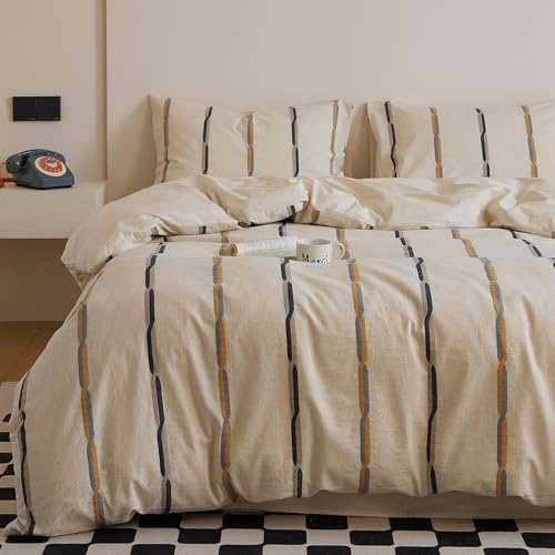 Image of mixinni Cotton Linen Jacquard Duvet Cover Set King, 3-Piece Mid-Century Modern Bedding, Vintage Striped Bohemian Duvet Cover with 2 Pillowcases, All-Season Breathable Comforter Cover-King Size