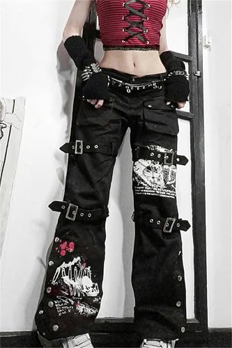 Harajuku Gothic Fashion Patchwork Black Jeans Punk Grunge Aesthetic Women Autumn Electro Pants Emo Printed Streetwear2