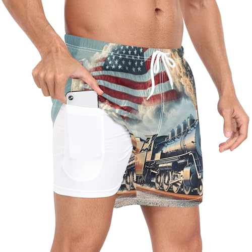 Men's Swim Trunks Train America Flag Quick Dry Swimwear Beach Shorts with Pockets2