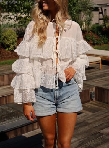 Women Chiffon Blouse Top Ruffle Trim Tie Front Shirt Long Sleeve Flowy Cardigan Lace Frilly Going Out top4