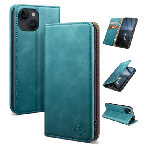 Protection iPhone 15 Plus anti-RFID étui portefeuille cuir bleu