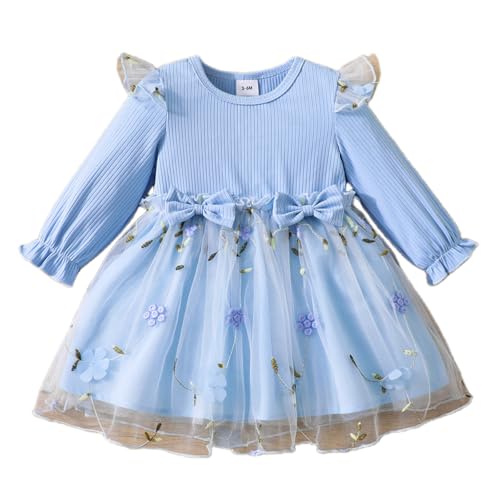 Yanmucy Toddler Bebé Niña Vestido Infantil Bowknot Ruffle Tutu Outfit Manga Larga Floral Romper Ropa Faldas de Encaje en Capas (FR/ES, Edad, 12 Meses, 18 Meses, Azul)