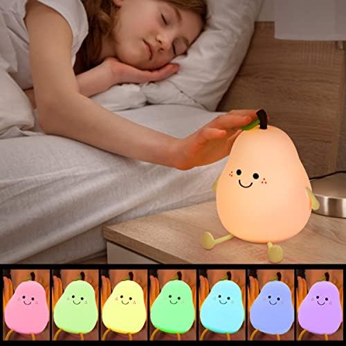 Pear- Shape Silicone Night Light, LED Night Light Colorful Light Color USB Charging Timed Automatic Shutdown Smile Pear-Shape Silicone Bedside Lamp Decoration for Baby, Kids, Teenagers Bedroom