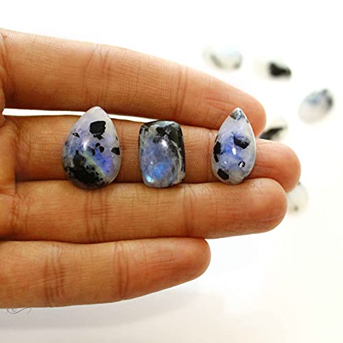 Gempires Natural Rainbow Moonstone With Black Tourmaline Gemstone Cabochons Lot, Polished Decor, Wire Wrapping, Jewelry Making Loose Gemstone, Reiki, Wikka, Healing Crystals (100 Carat) #TOP16