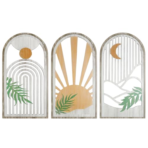 Yiya 3 Piezas Bohemia Decoracion Pared Decoración De Paredes De Madera Moderno Minimalista Pared Decoración Bohemia Para Sala De Estar O Dormitorio Sol Y Luna