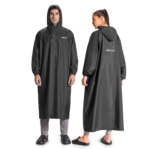 Image of Boldfit Rain Coat Poncho for Men & Women Waterproof Unisex Full Length Poncho, Top Easy Adjustable, Waterproof Outdoor Rainwear- Black, OneSize