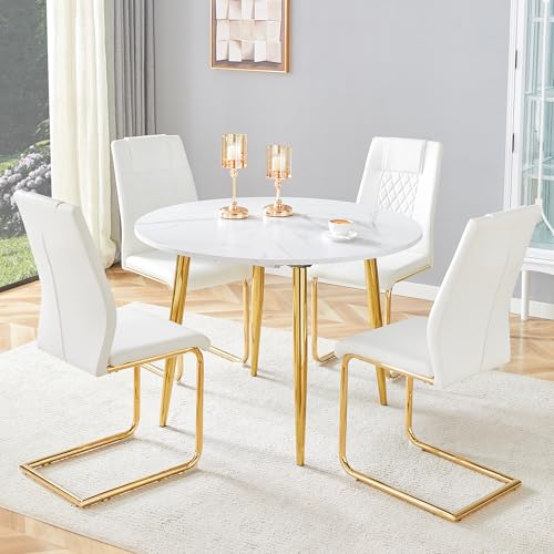 Image of Extendable Round Dining Table Set for 4, 42-54 inch Expandable Dining Table with 4 Upholstered Chairs, Engineered Wood Top, Space-Saving Round Kitchen & Dining Room Table Set(1 Table + 4 White Chairs)