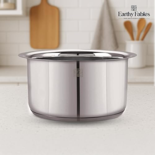 Image of Earthy Fables Stainless Steel Heavy Bottom Tope /Patila /Bhogona /Tapia for Milk, Boiling, Better Nutrition & Heat Distribution, Uses Less Oil & Gas, Stove & Induction Bottom, 22 cm, 4.5L