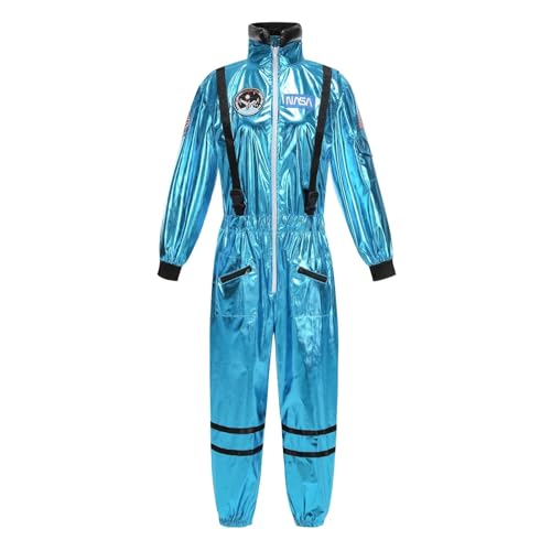 AGCOAH Women's Astronaut Costume Adult Shiny Blue Nasa Spaceman Coverall Flight Jumpsuit Halloween Cosplay Dress Up Space Birthday Gifts M