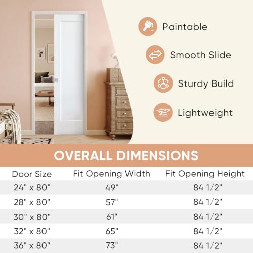 Image of BARNSMITH 28in x 80in 1-Panel White Paintable Sliding Pocket Door | Pocket Door Hardware with 1-Panel Door Slab & Satin Nickel Privacy Latch, Soft Close Mechanism, Durable and Smooth