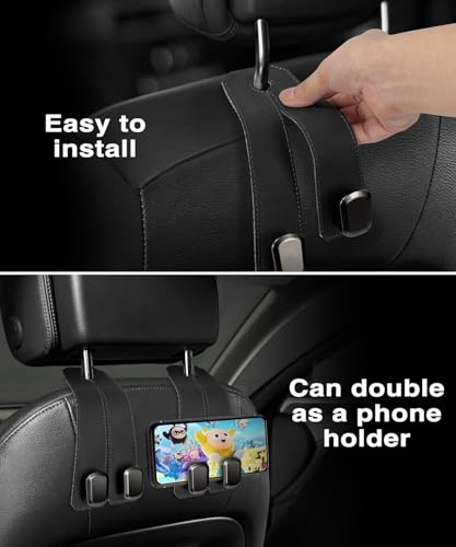 Image of FRONTED 2 Pack Car Seat Headrest Double Hooks Leather Car Back Seat Headrest Hooks for Purses, Bags and Handbags, Car Organization Accessories
