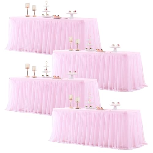 Pink Tulle Tablecloth for 8 Foot Rectangle Table, Light Pink Tulle Tables Skirt Cover 8ft Banquet Wedding Table Cloths Baby Shower Tutu Ruffle Tables Skirt Cloth for Party Bridal Shower