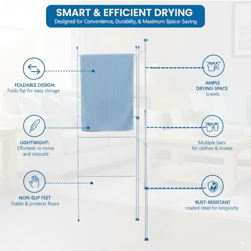 2 Fold Clothes Airer Laundry Drying Rack – Foldable Indoor Outdoor Concertina Dryer Stand, Space-Saving Metal Frame with Non-Slip Feetfor Clothes & Towels - Image 2