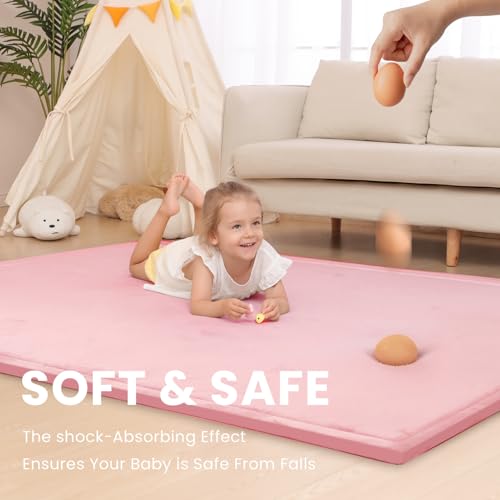 Image of Huloo Sleep Ultra Soft Baby Play Mat for Floor, 1.3 inch Thick Elasti-Foam 59x59 Play Mat for Playpen,Water-Repellent Coral Velvet for Tummy Time, Non-Slip Backing,Safe for Toddlers & Infants(Pink)
