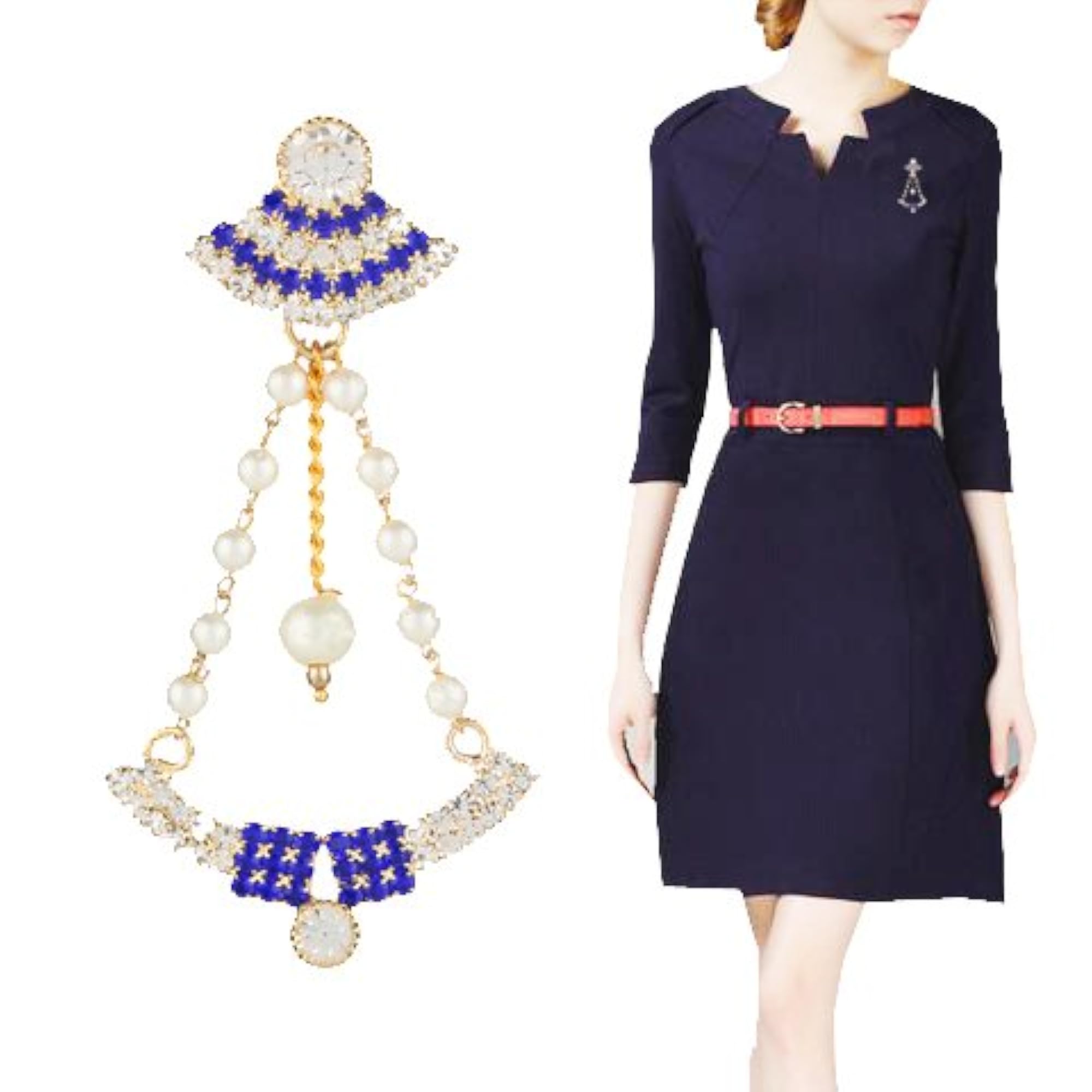 Vintage Blue and Gold Rhinestone Brooch with Pearl Chains, Timeless Charm