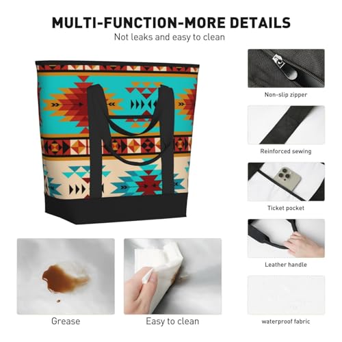 Aztec Beige Blue Large Capacity Insulated Shopping Tote Bag – Keeps Food Cold/Hot For Hours, Ideal For Travel, Groceries & Outdoor Use4