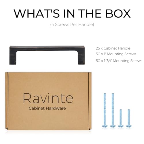 Image of Ravinte Oil Rubbed Bronze Cabinet Handles Kitchen Pulls 4 Inch 25 Pack | Square Design, Solid Zinc, Modern Slim Style, Screws Included, Easy Installation, for Kitchen Drawers & Cupboards