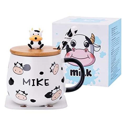 SHENDONG Taza de café de vaca con tapa, posavasos y cuchara kawaii Cover
