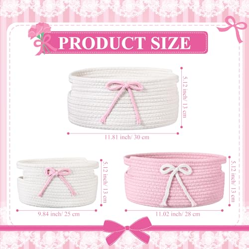 Image of Breling 3 Pieces Pink Bow Baskets Coquette Bow Cotton Rope Storage Basket Pink Woven Gift Baskets Laundry Hamper Rope Bin with Handles for Decoration Organization Storage for Nursery, Pet Toy Basket