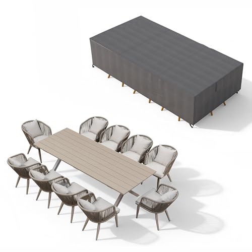 Image of PURPLE LEAF 11 Pieces Patio Dining Set with Waterproof Furniture Cover Rectangular Table and Chairs Set for Garden Deck Aluminum Frame Backyard Kitchen Set, Cushions and Pillows Included Champagne