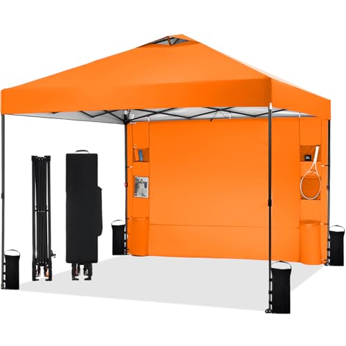 Tunbne 10'x10' Pop Up Canopy Tent with 1 Sidewall and 6 Pockets, One Push Setup, Instant Shade Tent with Vented Roof for Beach Patio Outdoor, Case, 8 Stakes, 4 Ropes, 4 Sandbags (Orange, 10x10)
