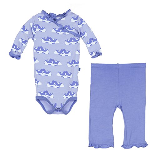 KicKee Pants Girls Kimono One Piece & Ruffle Pant Set, Lilac Seals, 0-3 Months
